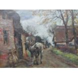 French School, 19th century a rural autumnal painting depicting a horse being groomed outside a