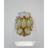 A 14ct gold, diamond and white opal cluster ring, inset with eleven almond shaped opals and eight