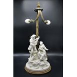 An early 20th century Continental Parian twin lamp, probably French Belle Epoque, modelled with a