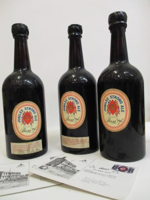 Three bottles of Bass Jubilee strong Ale dated July 15th 1977 to celebrate the Queen's Jubilee