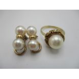 A 9ct gold single cultured pearl ring, with textured detail, together with a pair of 9ct gold and