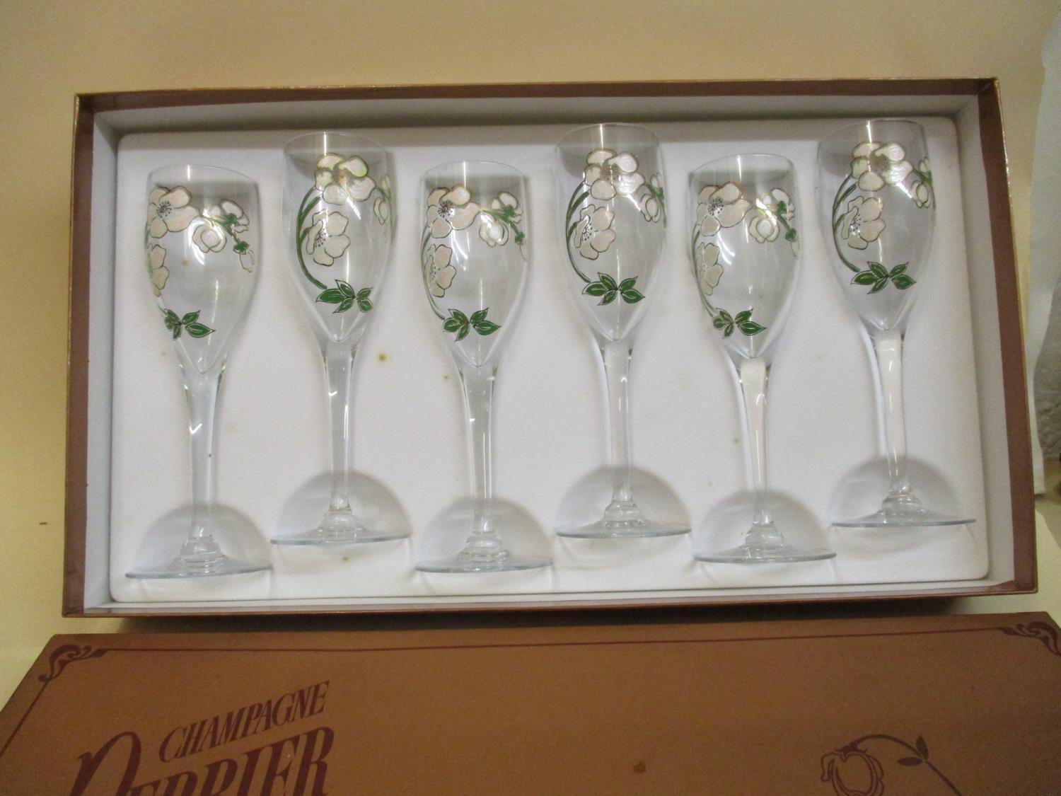 A boxed set of six Perrier Jouet Champagne glasses