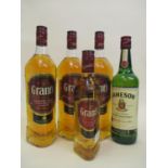 Five bottles of Whisky to include Grants 35cl and Grants 1l x 3 and Jameson 700ml