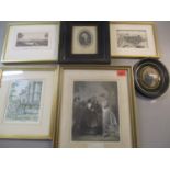 Six mixed pictures to include a Mezzotint depicting Charles James Fox, 12 x 10cm, framed
