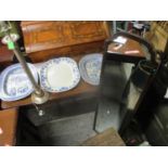 Three late 19th century blue and white meat plates, a modern lamp and an early 20th century mirror