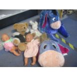 Mixed dolls and stuffed toys to include a Harrods 2001 bear together with baskets and a trolley