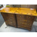A pair of late 20th century yew five drawer bedside chests, on bracket feet, 82 h x 47cm w