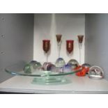 A mixed lot of glassware to include a Silea Crown glass comport on stepped base, paperweights to