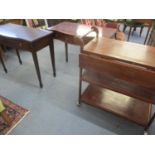 Two reproduction mahogany side tables and a modern rosewood tea trolley