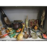 A late Victorian/early Edwardian inlaid desk ink stand together with treen and metal items to