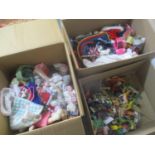 Three boxed containing a selection of mixed toys to include Beanie Babies, Disney doll and others