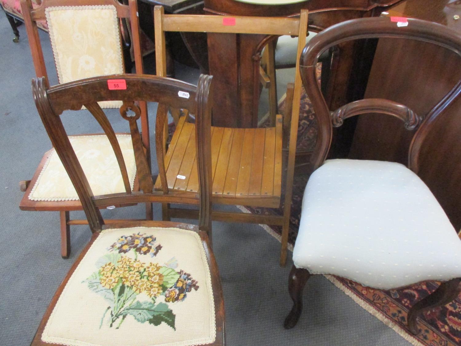 Two Edwardian chairs, one folding, together with a 1950's beech folding chair and a Victorian kidney