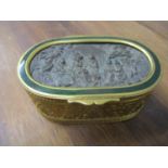 A 20th century continental gilt metal box, the lid inset with a cast panel and enamel, 10cm w