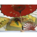 Two Oriental display parasols and fan together with mixed glass, Worcester creamware jugs and a