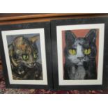 A pair of cat studies, oil on artist board, signed indistinctly to lower left corner, 48 x 34 1/2cm,