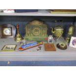 A brass tea kettle on stand, an Art Deco wall barometer and another, a brass Lighting Company miners
