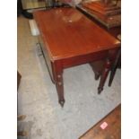 A Victorian mahogany Pembroke table with an end drawer on turned tapered legs 74 h, 110cm open