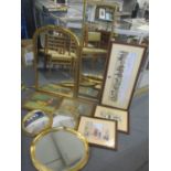 Five modern gilt framed mirrors to include round examples largest along with prints and oil