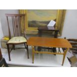 An Edwardian mahogany splat back chair, a nesting set of mahogany occasional tables and a retro