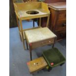 A stripped pine wash stand together with a walnut piano stool and two other foot stools
