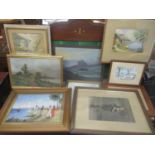 Pictures to include an Irish style landscape oil on board, 19th century watercolours, oil on