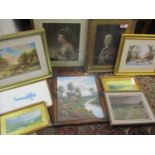 A quantity of oils and prints to include a print of The Duke of Wellington