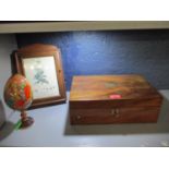 A mahogany writing box with fitted interior, a key box with a flora botanica inset print to the lid,