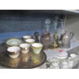 A mixed lot to include a Japanese bronzed vase, three decanters and other items