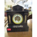 A Victorian black slate and marble cased mantle clock, gilt metal dial with cream enamelled Roman