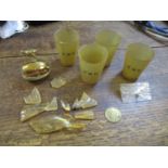 A mixed lot to include a set of four horn beakers with owners initials to front, a brass ring box in
