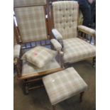 An American rocking chair together with a Victorian oak open armchair with galleried sides, two