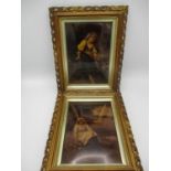 Two Victorian christoleums of young country girls, 16.5 w x 24cm h, framed