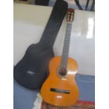 An Encore acoustic guitar with case