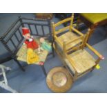 A modern child's chair, a child's rocking chair, an early 20th century corner bobbin chair, three