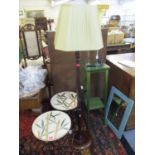 A mixed lot of small furniture to include a green painted plant stand, wall mirror, standard lamp