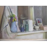 Meredith Ramsbotham (British b1940). circa 1982 - Mantlepiece with Mirror and Jug - oil on canvas 40
