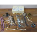 Costume jewellery to include a stone necklace, beaded necklaces, earrings, bracelet and other