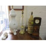 An Edinburgh crystal and brass table lamp and two other (one A/F) together with a miniature treen