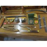 A Kukri knife, vintage surveying treen instruments, a loom shuttle, a miniature microscope, inkwells