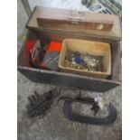A selection of vintage tools to include a spirit level, clamps and other items, all contained in a