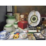 An oak pipe stand, a faience clock A/F, a Napoleon hat shaped mantle clock, mixed ceramics and
