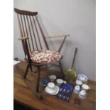 An Ercol spindle back rocking chair, a Shelley cup, saucers, plate (cracked), a blue and white tea