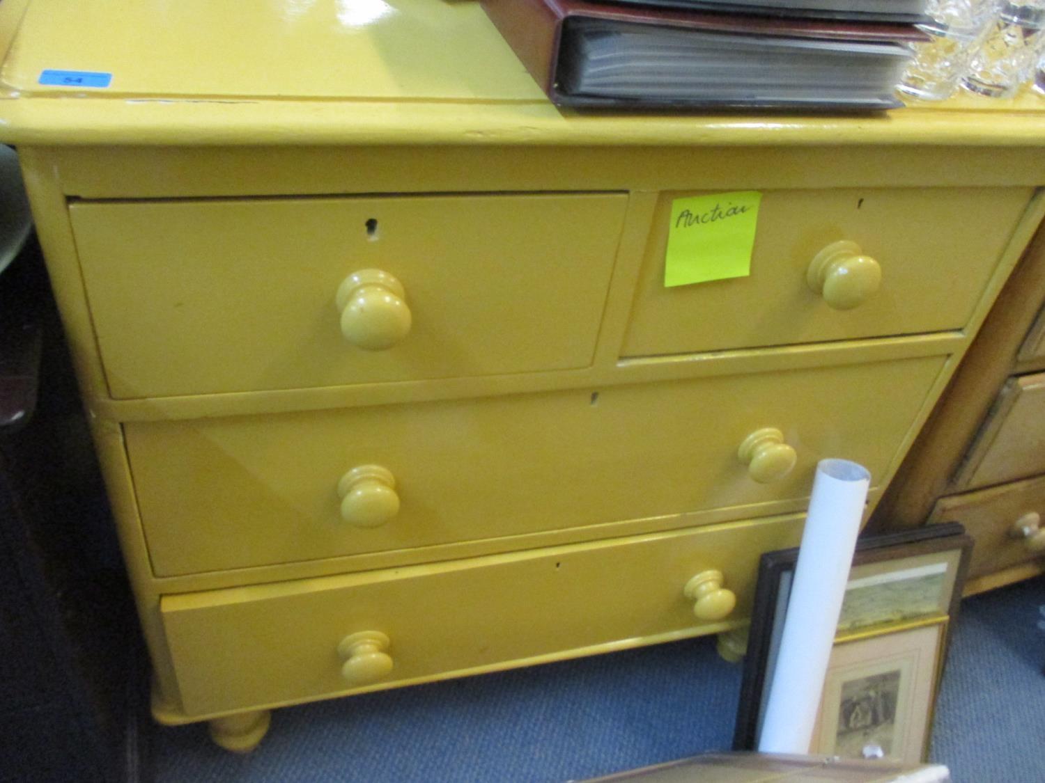 A Victorian painted pine three drawer chest and a pine drop leaf table