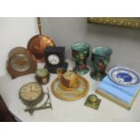 A mixed lot to include a pair of Titan vases, a black marble mantle clock, a bed warmer and other