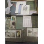A mixed group of postcards, Sotheby auction catalogues, dinner menu's and two photograph albums, one