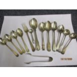 A group of silver flatware to include monogrammed teaspoons and sugar tongs, total weight 175.6g