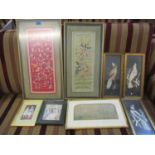 Two Japanese silk panels, frame, three oriental bird pictures- mixed media of feathers and oil,