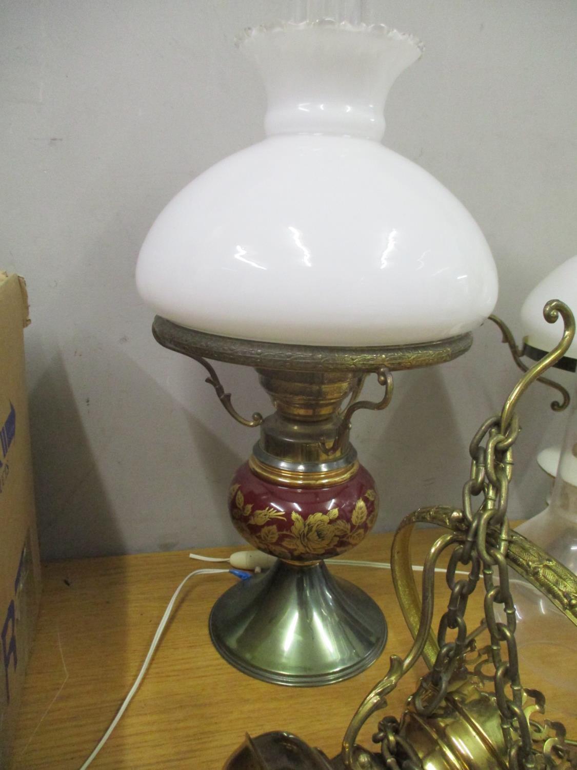 A Duplex oil lamp (converted to electricity) with glass shade and smoke funnel, three other table - Image 5 of 5