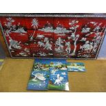 Seven modern Vietnamese panels with mother of pearl decoration creating faming scenes and river