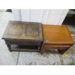 A teak retro nest of three tables, and a 1950s sewing table